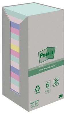 Post-it® 654-1RPT Haftnotizblock Recycling Notes - 76 x 76 mm, sortiert, 16 x 100 Bla