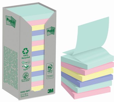 Post-it® R-330-1RPT-N Haftnotizblock Recycling Notes - 76 x 76 mm, sortiert, 16 x 100