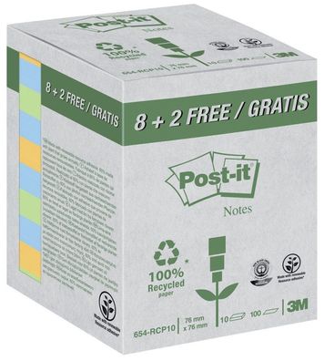 Post-it® 654-RCP10 Haftnotizblock Recycling Notes - 76 x 76 mm, sortiert, 10 x 100 Bl