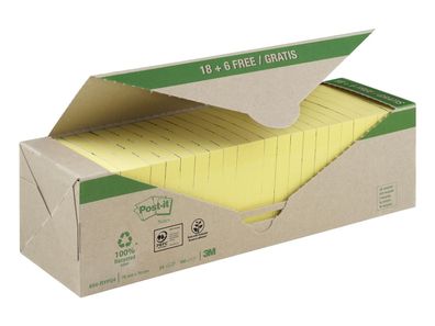 Post-it® 654-RYP24 Haftnotizblock Recycling Notes - 76 x 76 mm, gelb, 24x 100 Blatt