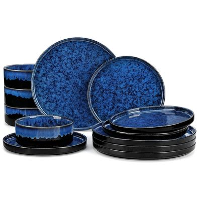 12/24pcs Reactive Glaze Dinnerware Set - Black/Blue Vertical Edge