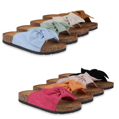 VAN HILL Damen Pantoletten Sandalen Bequeme Korkoptik Schleifen Schuhe 841203