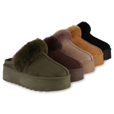 VAN HILL Damen Warm Gefüttert Pantoffeln Hausschuhe Bequem Kunstfell Schuhe 841354