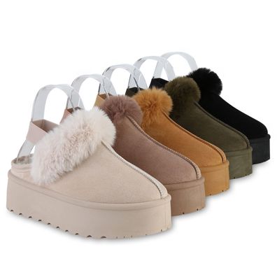 VAN HILL Damen Warm Gefüttert Pantoffeln Hausschuhe Bequem Kunstfell Schuhe 841353