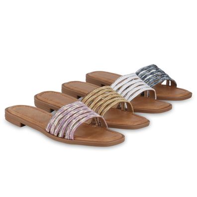 VAN HILL Damen Pantoletten Sandaletten Strass Sommer Schuhe 841267