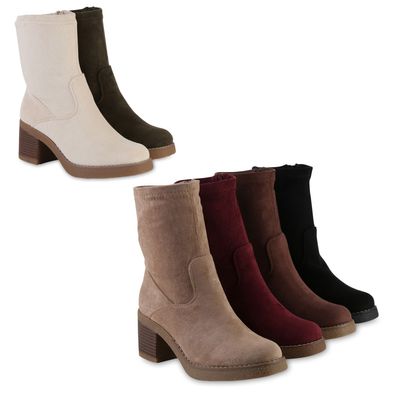 VAN HILL Damen Klassische Stiefeletten Holzoptikabsatz Herbst Schuhe 841347