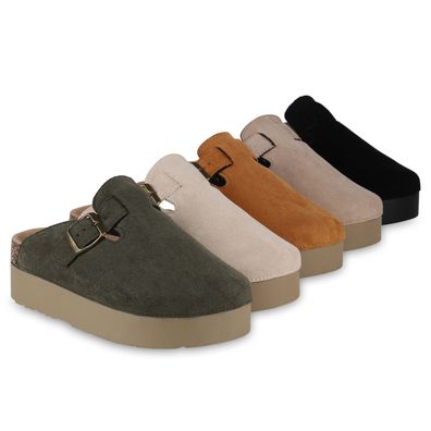 VAN HILL Damen Pantoffeln Hausschuhe Plateau Profil-Sohle Schnallen Schuhe 841256