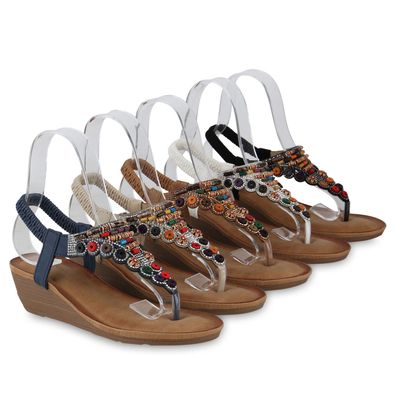 VAN HILL Damen Keilsandaletten Sandaletten Strass Zierperlen Sommer Schuhe 841293