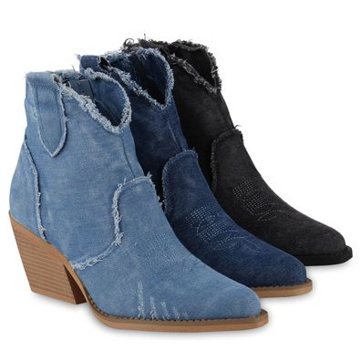 VAN HILL Damen Cowboy Boots Stiefeletten Denim Fransen Stickereien Schuhe 840976