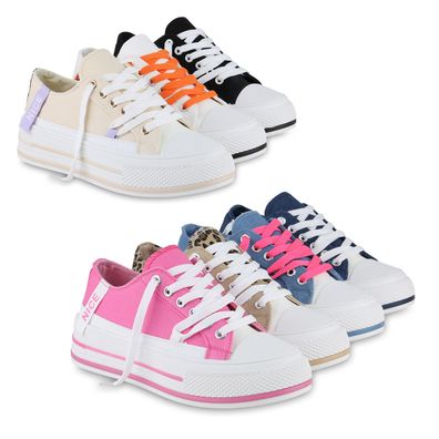 VAN HILL Damen Sneaker Low Schnürer Prints Wedges Stoff Schuhe 840989