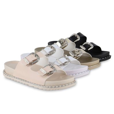 VAN HILL Damen Pantoletten Sandalen Nieten Schnallen Profil-Sohle Schuhe 841052