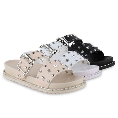VAN HILL Damen Pantoletten Sandalen Nieten Strass Schnallen Schuhe 841051