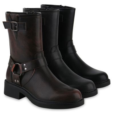 VAN HILL Damen Biker Boots Stiefeletten Nieten Stiefel Schnallen Schuhe 840869