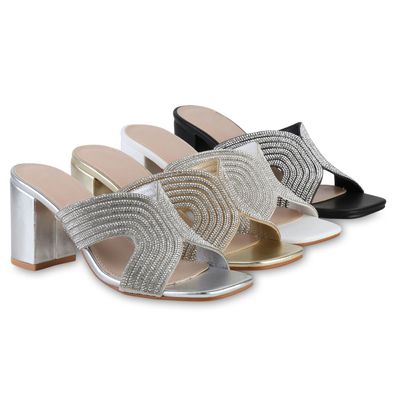 VAN HILL Damen Pantoletten Sandaletten Elegant Strass Party Cut-Outs Schuhe 841386