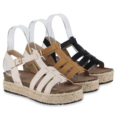 VAN HILL Damen Plateau Sandaletten Bast Korkoptik Profil-Sohle Schuhe 840920