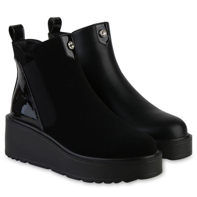 VAN HILL Damen Leicht Gefütterte Keilstiefeletten Stiefeletten Lack Schuhe 841384