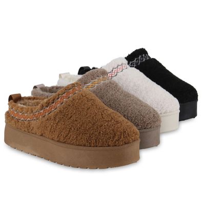 VAN HILL Damen Warm Gefütterte Pantoffeln Hausschuh Bequem Kunstfell Schuhe 840864