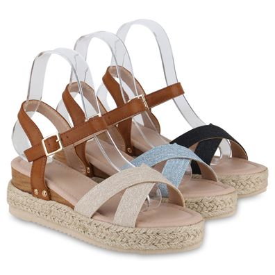 VAN HILL Damen Plateau Sandaletten Bast Denim Wedges Profil-Sohle Schuhe 840959