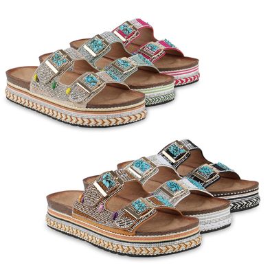 VAN HILL Damen Pantoletten Sandaletten Strass Zierperlen Plateau Schuhe 841100