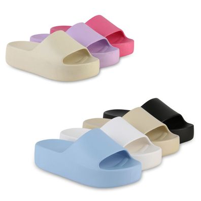 VAN HILL Damen Pantoletten Sandaletten Plateau Schlappen Basic Schuhe 841109