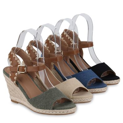 VAN HILL Damen Keilsandaletten Sandaletten Keilabsatz Bast Schuhe 841106