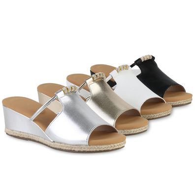 VAN HILL Damen Keilsandaletten Sandaletten Strass Zierperlen Bast Schuhe 841123