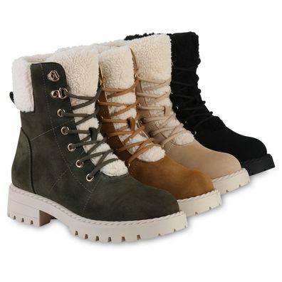 VAN HILL Damen Gefütterte Schnürstiefeletten Bequem Kunstfell Winter Schuhe 841345