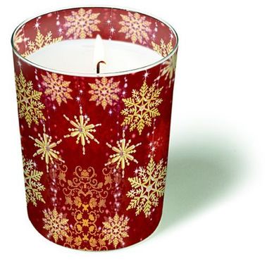 Weihnachten Glaskerze rot&gold Sterne Golden snowflakes