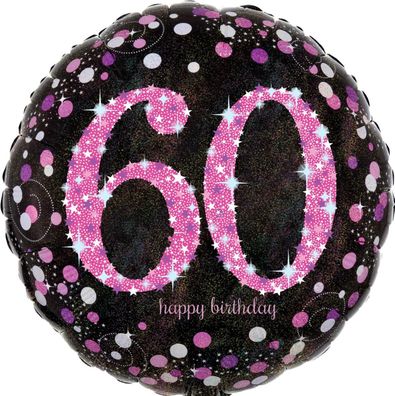 AMSCAN 3378801 Folienballon Happy Birthday 60 - Ø 43 cm, schwarz/pink, Konfetti