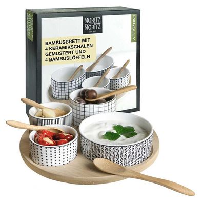 Moritz & Moritz Servier-Set Bambusbrett 4 Keramikschalen 4 Bambuslöffel