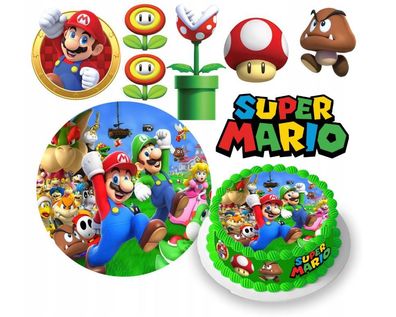 Super Mario Essbar Mario Bros Luigi Zuckermasse Tortenbild Tortenaufleger + 4 Muffin