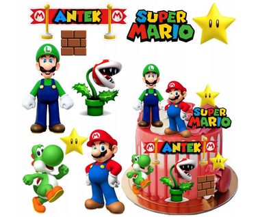 Super Mario Essbar Mario Bros Luigi Tortenaufleger Torte Geburstag Zuckermasse + NAME