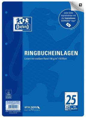 Oxford 400131468 Ringbucheinlage LIN25 - A4, liniert, 90g/qm, 4-fach gelocht, 50 Blat