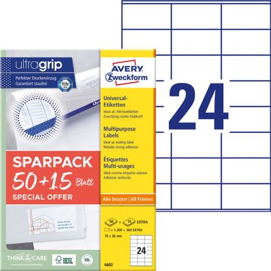 Avery Zweckform® 6602 6602 Universal-Etiketten ultragrip - 70 x 36 mm, weiß, 1.560 Et