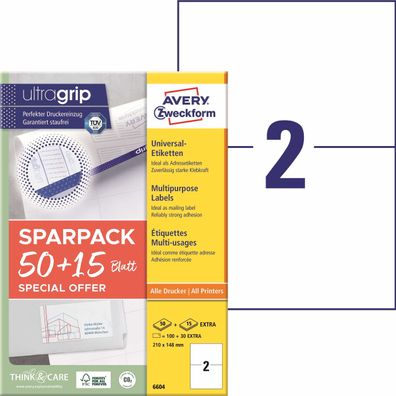 Avery Zweckform® 6604 6604 Universal-Etiketten ultragrip - 210 x 148 mm, weiß, 130 Et