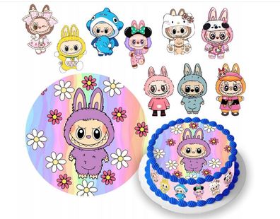 Labubu Essbar Figuren Maskottchen Zuckermasse Tortenbild Tortenaufleger + 4 Muffin l1