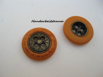 1 Kunststoffknopf orange Mitte altgoldfarben 18x4mm 4 Loch 2mm Nr 4502