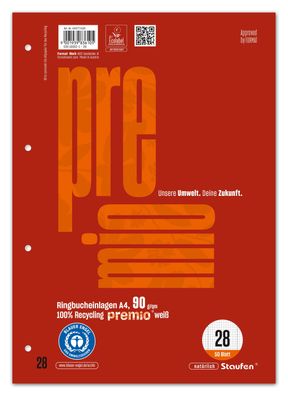 10x Staufen PREMIO 040771028 Ringbucheinlage LIN 28 - A4, 50 Blatt, 5 mm kariert Rand