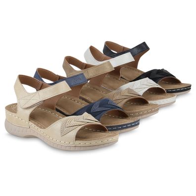 VAN HILL Damen Komfort Sandalen Bequeme Keilabsatz Basic Leder-Optik Schuhe 841647