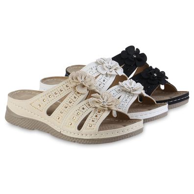 VAN HILL Damen Komfort Sandalen Bequeme Blumen Strass Cut-Outs Schuhe 841606