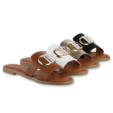 VAN HILL Damen Pantoletten Sandalen Strass Nieten Cut-Outs Schuhe 841508