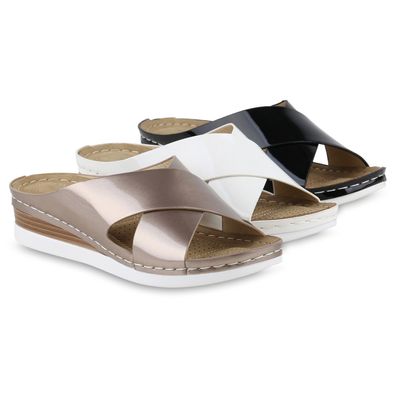 VAN HILL Damen Pantoletten Sandaletten Bequeme Lack Holzoptikabsatz Schuhe 841646