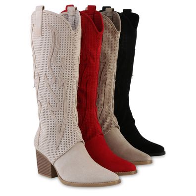 VAN HILL Damen Cowboystiefel Stiefel Spitze Cut-Outs Holzoptikabsatz Schuhe 841582