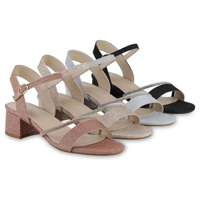 VAN HILL Damen Riemchensandaletten Sandaletten Glitzer Strass Party Schuhe 841568