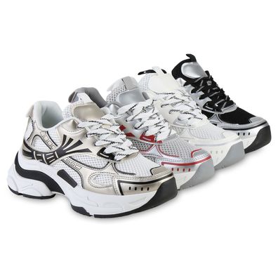 VAN HILL Damen Plateau Sneaker Schnürer Metallic Profil-Sohle Schuhe 841562