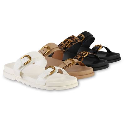 VAN HILL Damen Pantoletten Sandalen Bequeme Schnallen Profil-Sohle Schuhe 841594