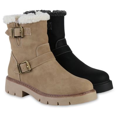 VAN HILL Damen Leicht Gefütterte Biker Boots Kunstfell Schnallen Schuhe 841448