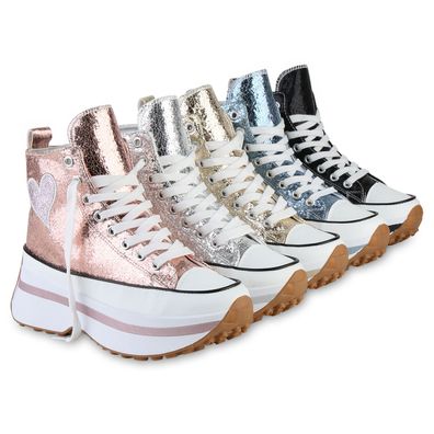 VAN HILL Damen Plateau Sneaker Schnürer Glitzer Prints Profil-Sohle Schuhe 841576