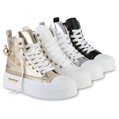 VAN HILL Damen Sneaker High Schnürer Glitzer Keilabsatz Freizeit Schuhe 841578