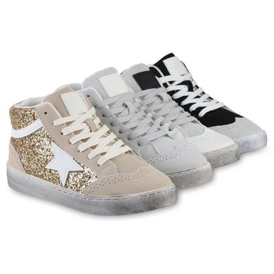 VAN HILL Damen Sneaker High Schnürer Glitzer Freizeit Schnür-Schuhe 841577